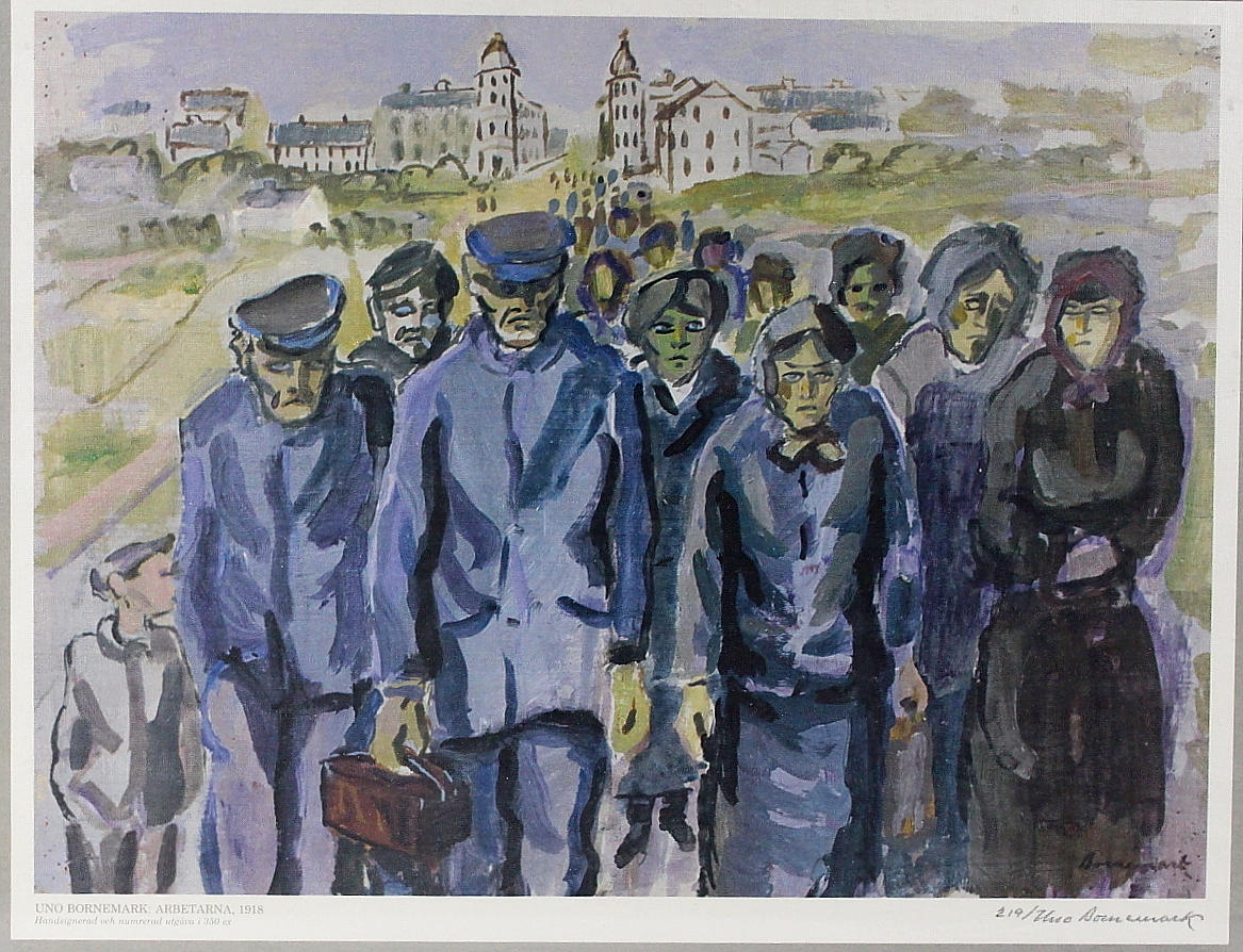 UNO BORNEMARK. tryck, Gårdsrfesten, Arbetarna, Handsignerad och numrerad 219/300 ex.