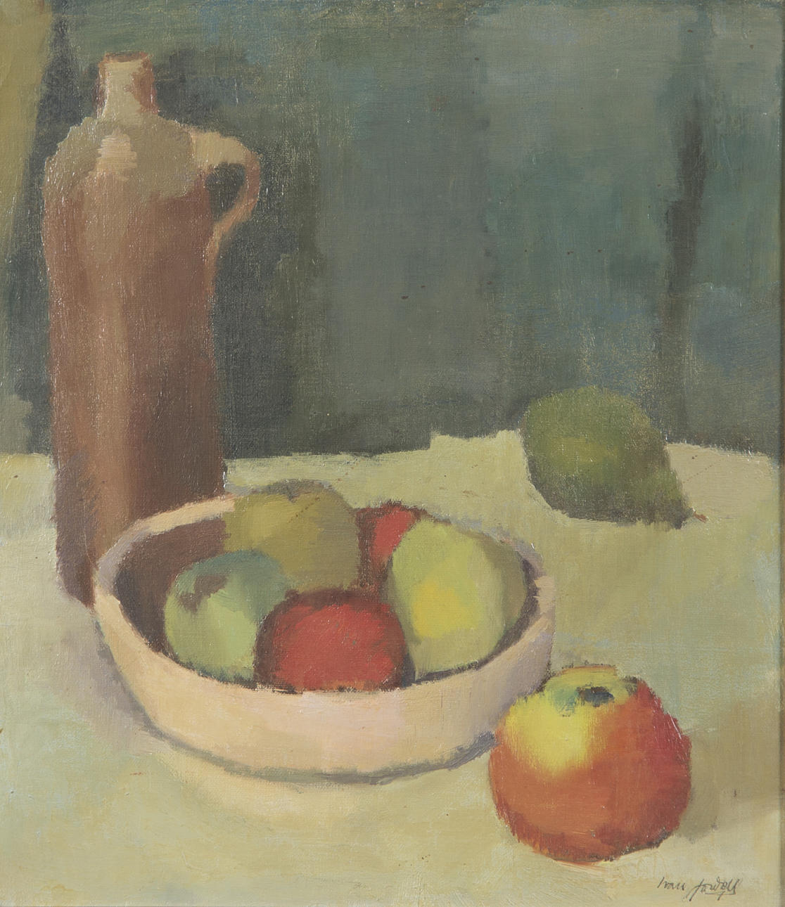 OIDENTIFIERAD KONSTNÄR. Fruktstilleben, olja på duk, otydligt signerad.