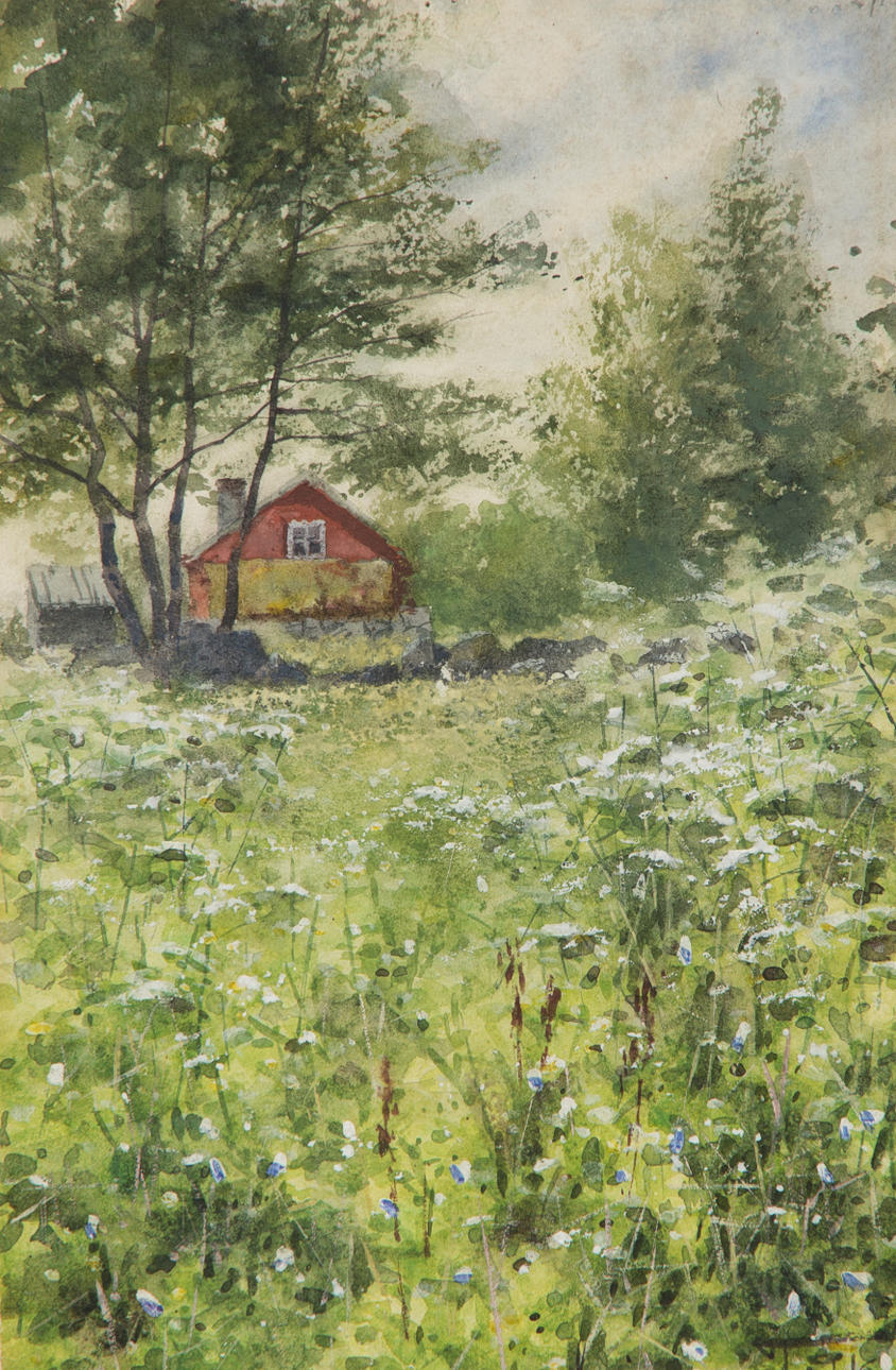 HJALMAR FALK. Landskap med hus, akvarell, signerad.