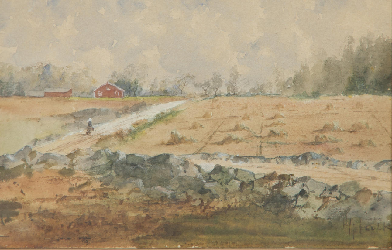 HJALMAR FALK. Landskap med hus, akvarell, signerad H. Falk.