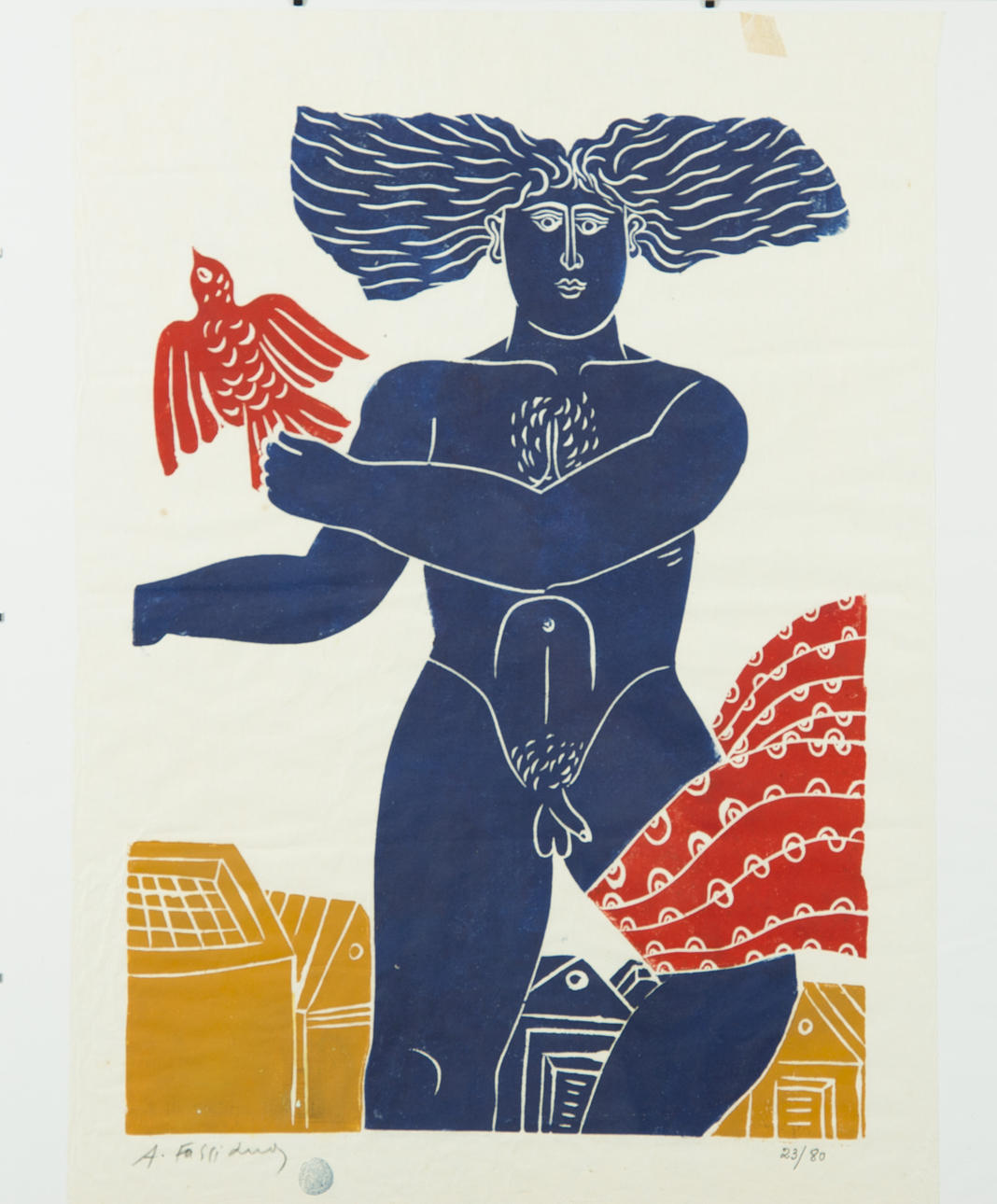 ALEXANDRE FASSIANOS. Man med fågel, färglitografi, signerad A. Fassianoa.