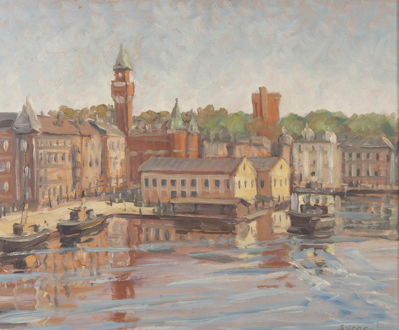 OIDENTIFIERAD KONSTNÄR. Helsingborgsmotiv, olja på pannå, signerad Signar 51.