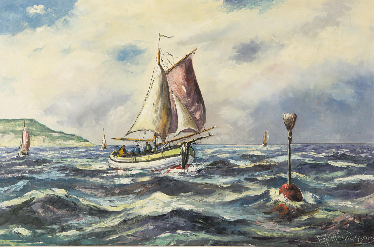 OIDENTIFIERAD KONSTNÄR. Fiskebåtar till havs vid kust, olja på duk, signerad F.A. Magnusson.