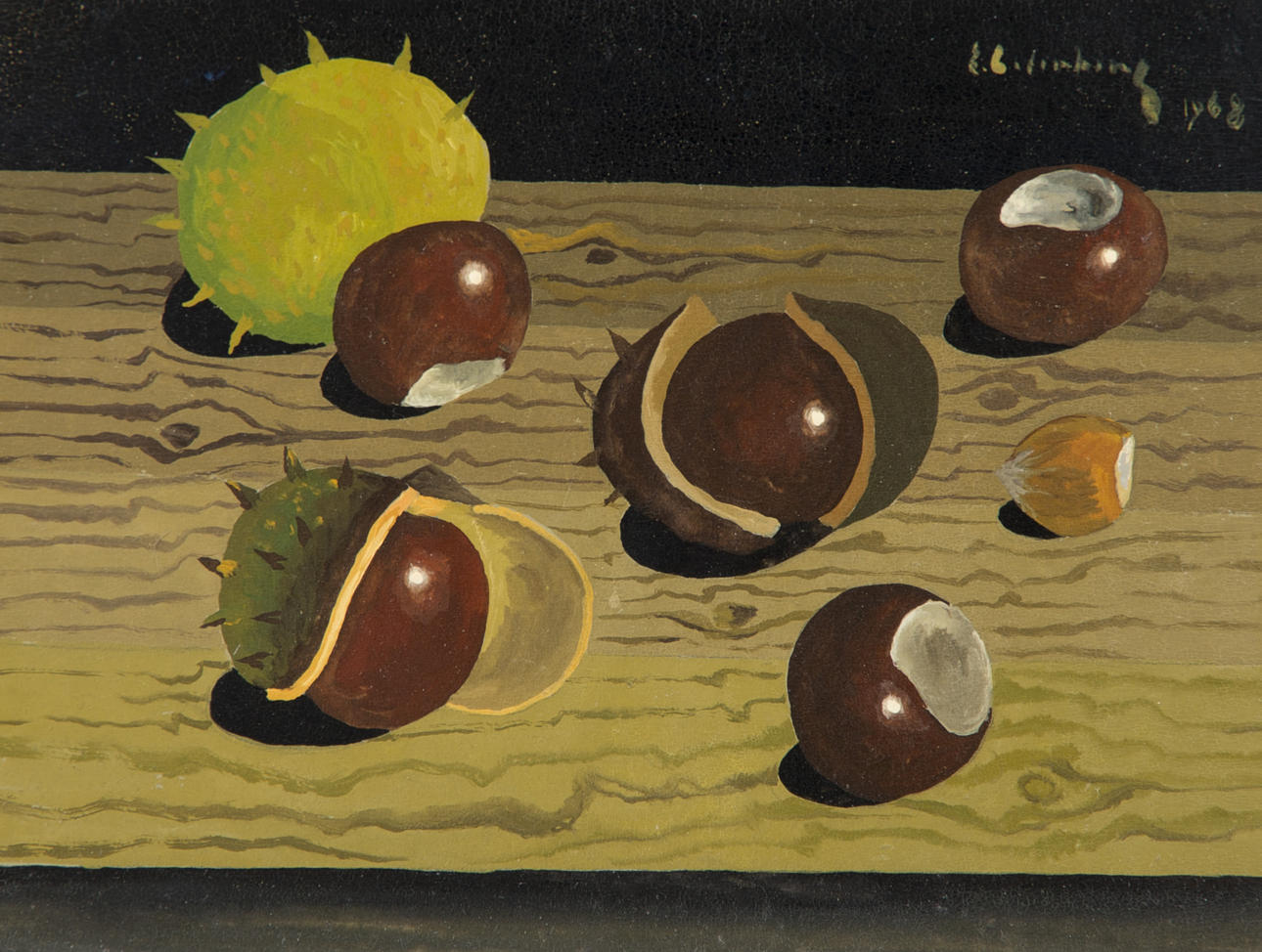 ERIC CEDERBERG. Stilleben med kastanjer, tempera på pannå, signerad E. Cederberg 1968.