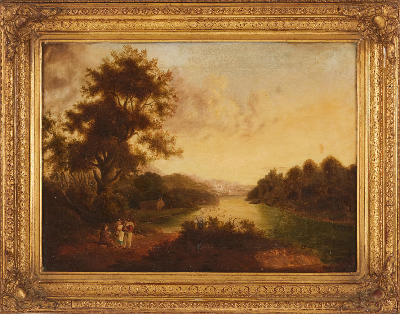 OIDENTIFIERAD KONSTNÄR. River landscape with figures, oil on canvas, possibly signed, 18th century.