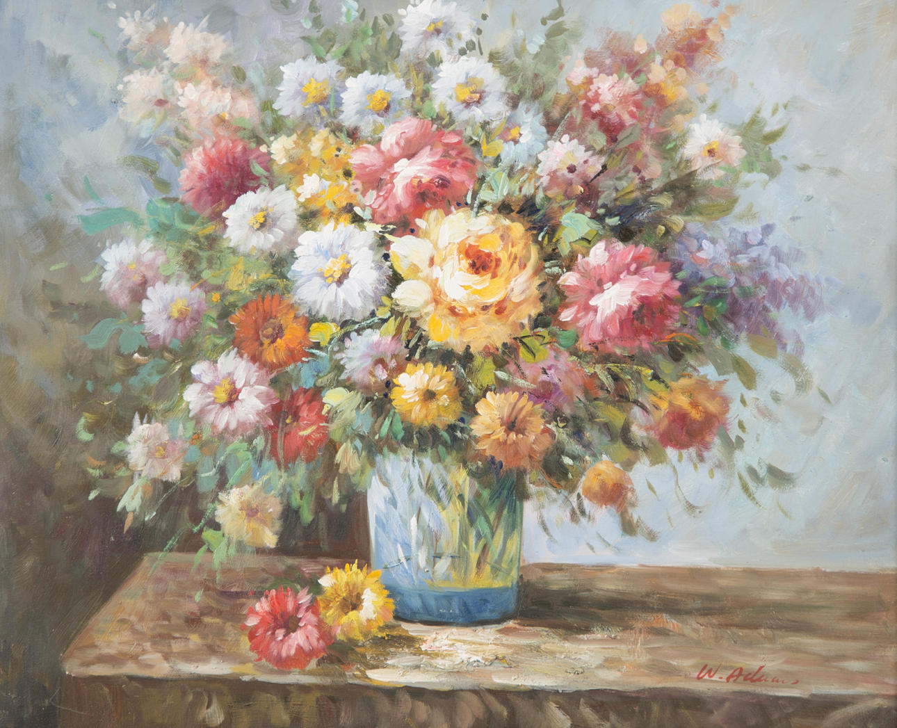 OIDENTIFIERAD KONSTNÄR. Blomsterstilleben, olja på duk, signerad W. Adams.