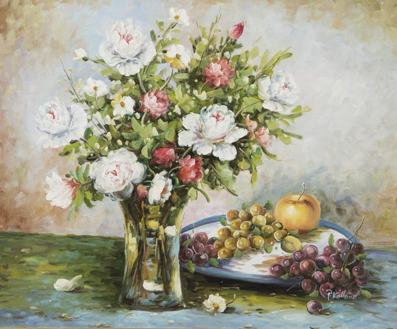 OIDENTIFIERAD KONSTNÄR. Blomsterstilleben, påmålat oljetryck, signerad P. Kelland.