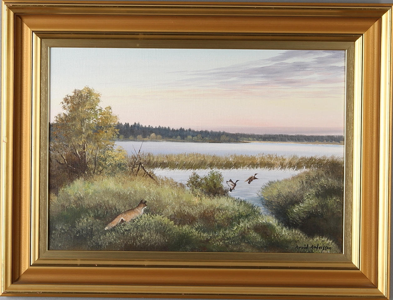 ARVID ANDERSSON. Räv och änder, olja på duk, signerad.