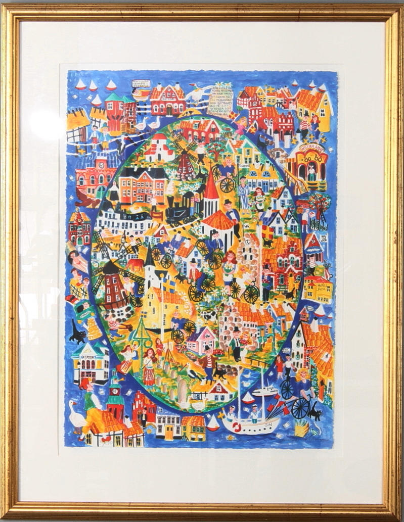 GUNILLA MANN. "Piratens Österlen", färglitografi, signerad och numrerad 87/290.