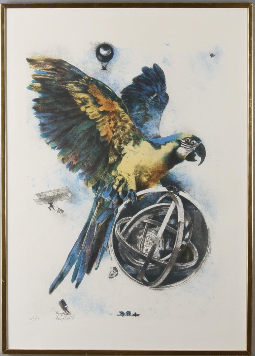 BENGT LANDIN. Komposition med papegoja, färglitografi, signerad och numrerad 237/250.