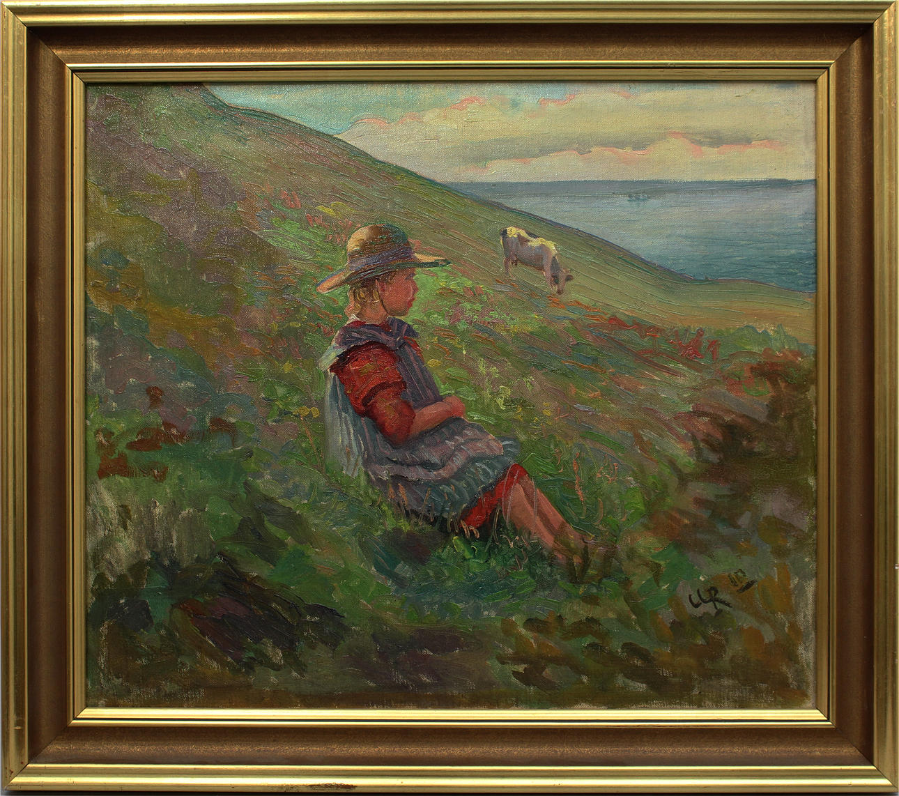 OIDENTIFIERAD KONSTNÄR. Backaflickan. Olja på duk. Signerad CC R och daterad -10. Troligen Danmark.