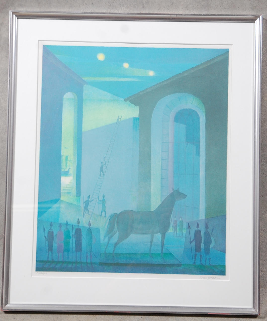 SVEN JONSSON. 1902-1981, färglitografi, " Den trojanska hästen " signerad.