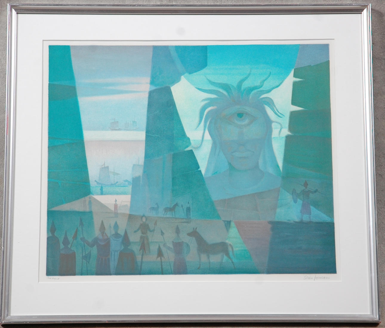 SVEN JONSSON. 1902-1981, färglitografi, " Cyklopens grotta " signerad.