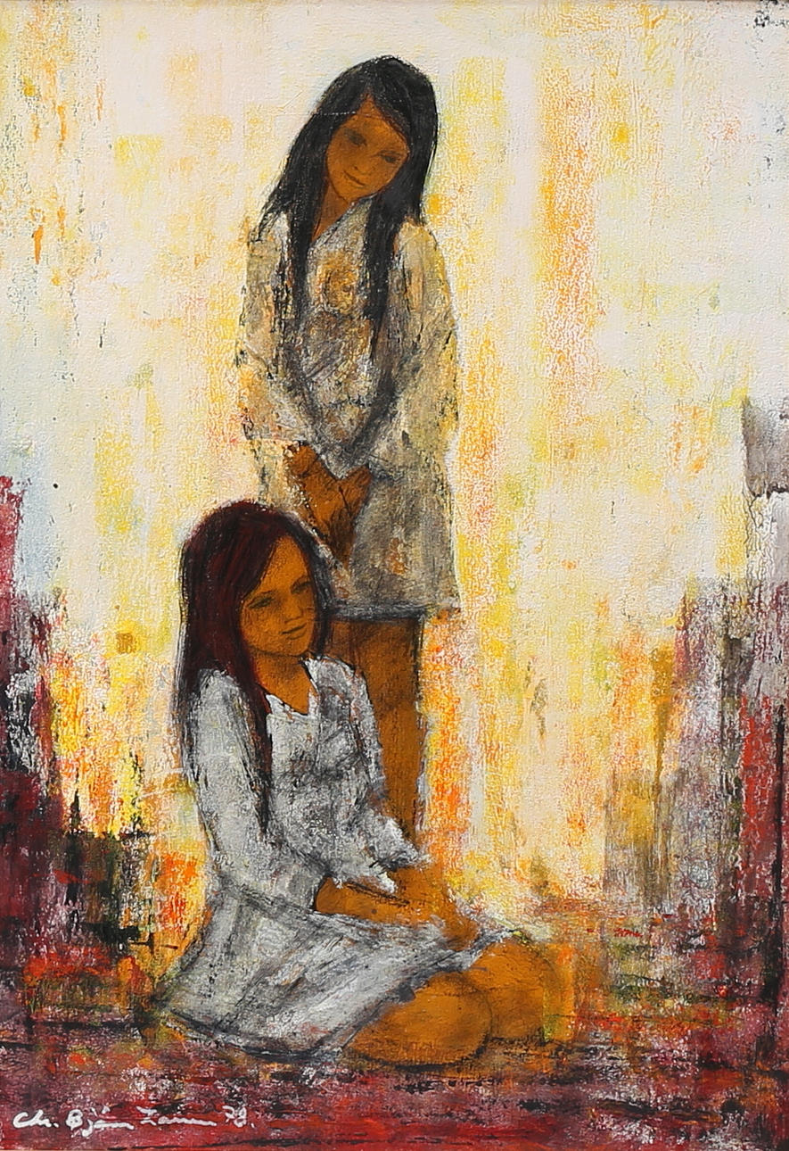 CHRISTIAN BJÖRN LARSEN. Flickor. Blandteknik på pannå, signerad och daterad 78.