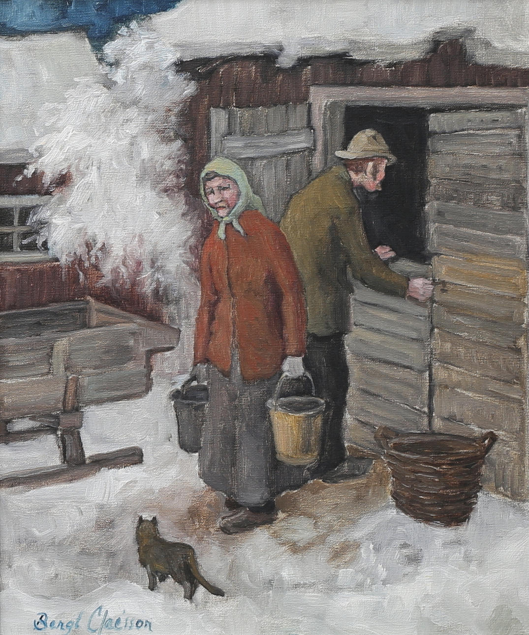 BENGT CLAÉSSON. "Vid ladugården". Olja på duk, signerad, daterad 1977 a tergo.