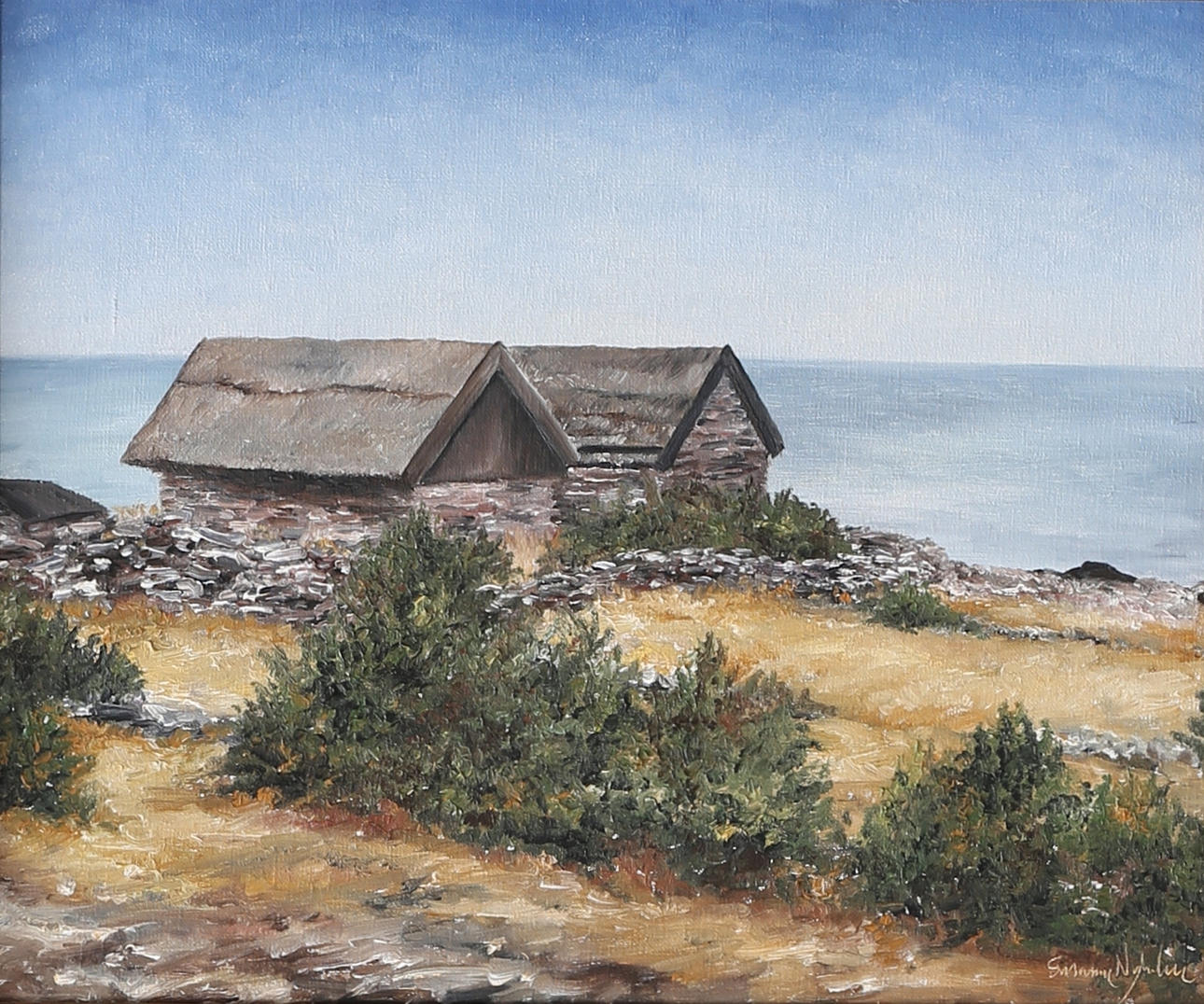 SUSANNE NYHOLM. "Bodar i Bruddesta". Olja på duk, signerad, daterad 83 a tergo.