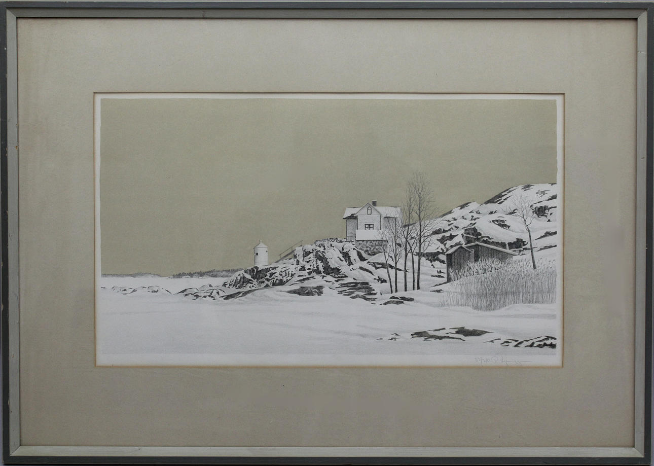 REINHOLD LJUNGGREN. Vinterlandskap. Färglitografi. Signerad R Ljunggren. 83/310.