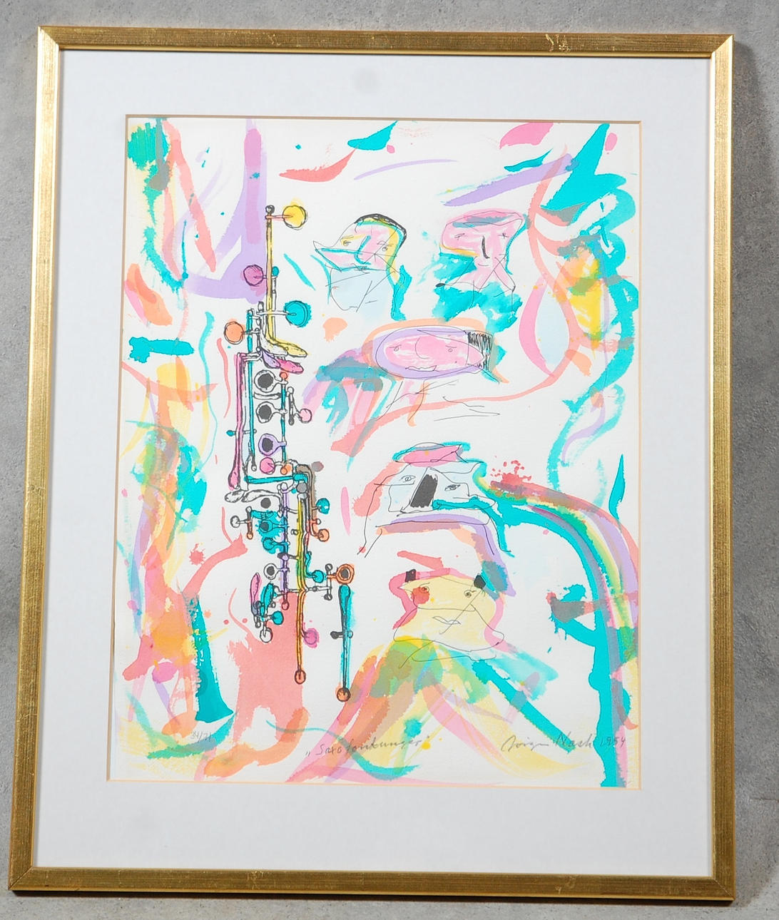 JÖRGEN NASH. 1920-2004, färglitografi " Saxofonkungar " signerad, numrerad 34/71, daterad.