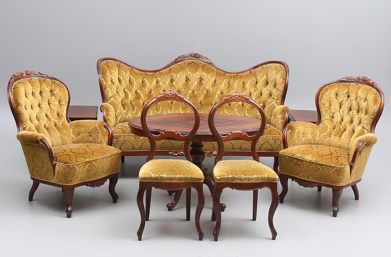 SALONGSGRUPP, 8 delar, nyrokoko, bl.a Rydéns, Alsterbro, 1900-talets andra hälft.