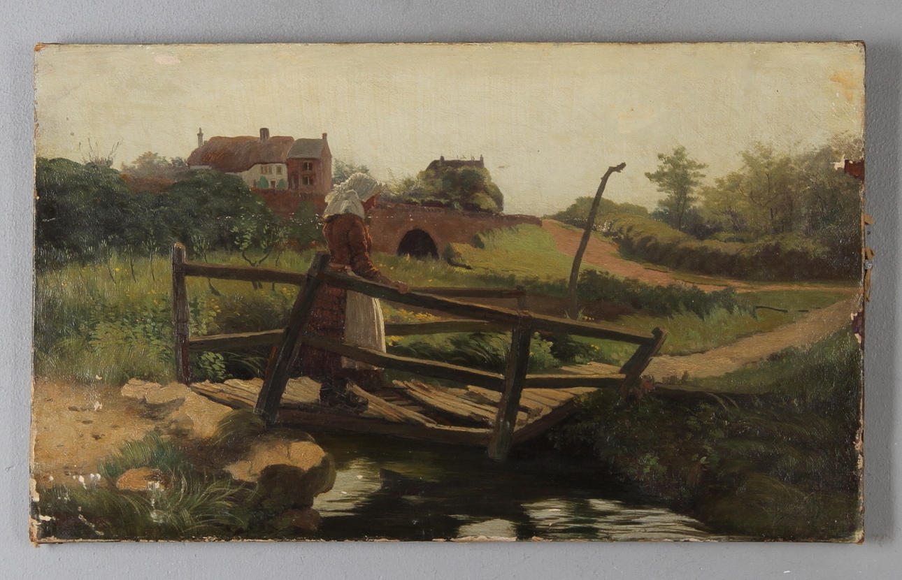 GEORGE HENRY BOUGHTON. Flicka på bro, olja på duk, signerad.