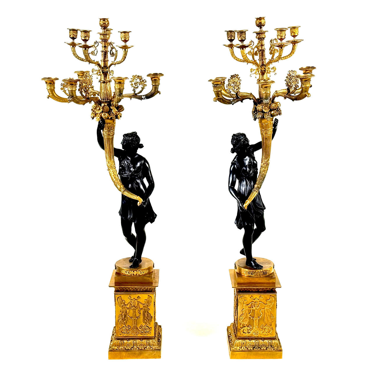 PAIR OF GILT BRONZE CLASSICAL CANDELABRA.