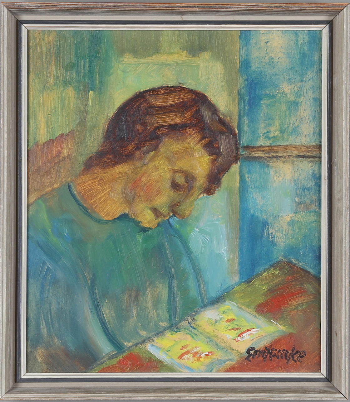 ERIC MUNKE. Läsande kvinna, olja på pannå, signerad.
