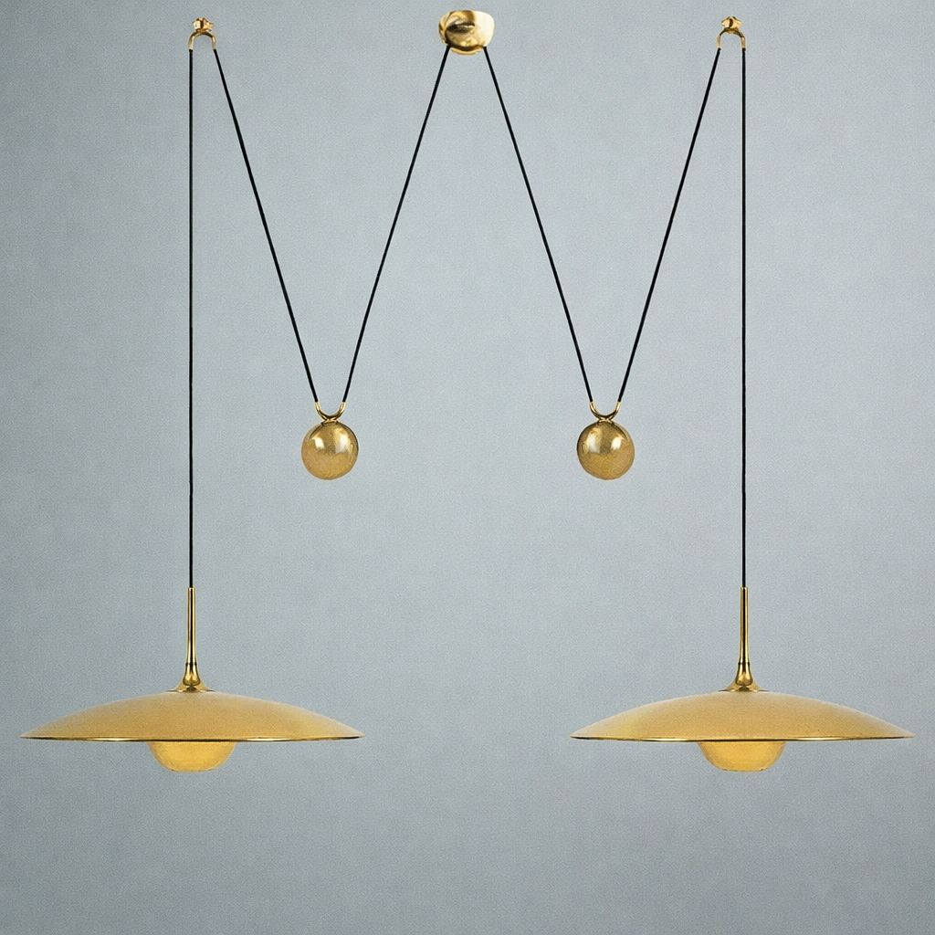 FLORIAN SCHULZ. Pendant lamp/ ceiling lamp, model Onos 40, double pull, brass, fabric, Germany, 1970s.