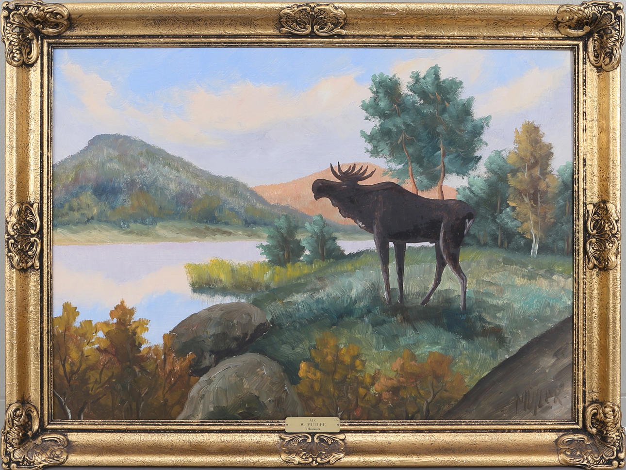 M MÜLLER. "Älg", olja på duk, signerad.