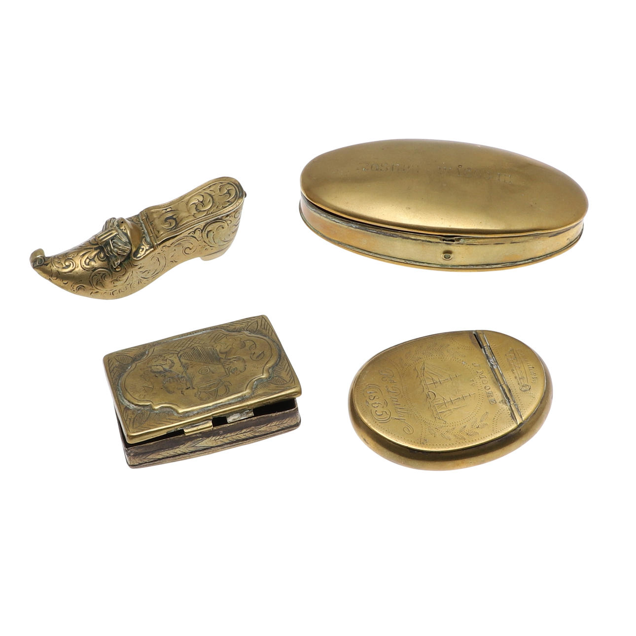 A GROUP OF GEORGIAN AND LATER BRASS SNUFF BOXES. Miscellaneous ...