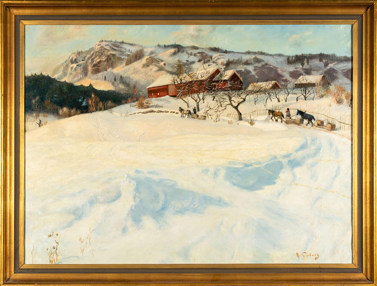 ANTON GENBERG. Olja på duk, Vinterlandskap, Signerad.