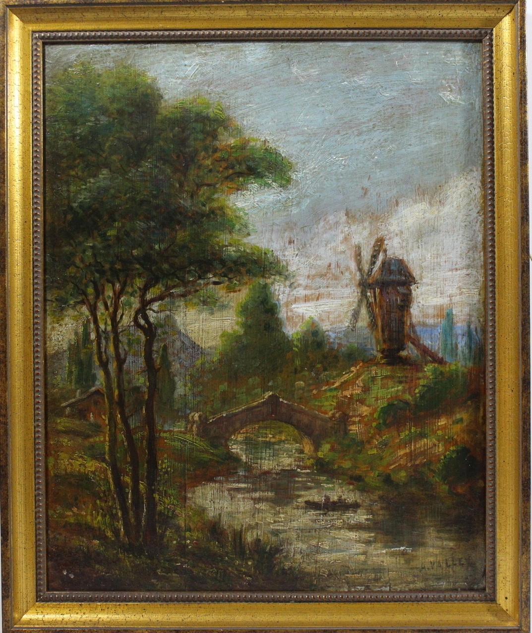 OIDENTIFIERAD KONSTNÄR. olja på pannå, landskapsmotiv, signerad A Valley, 1800-tal.