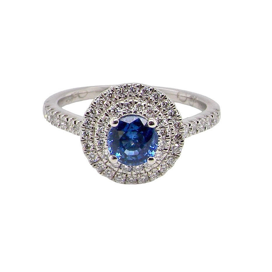 PLATINUM, CORNFLOWER BLUE SAPPHIRE ) AND DIAMOND SET CLUSTER RING.