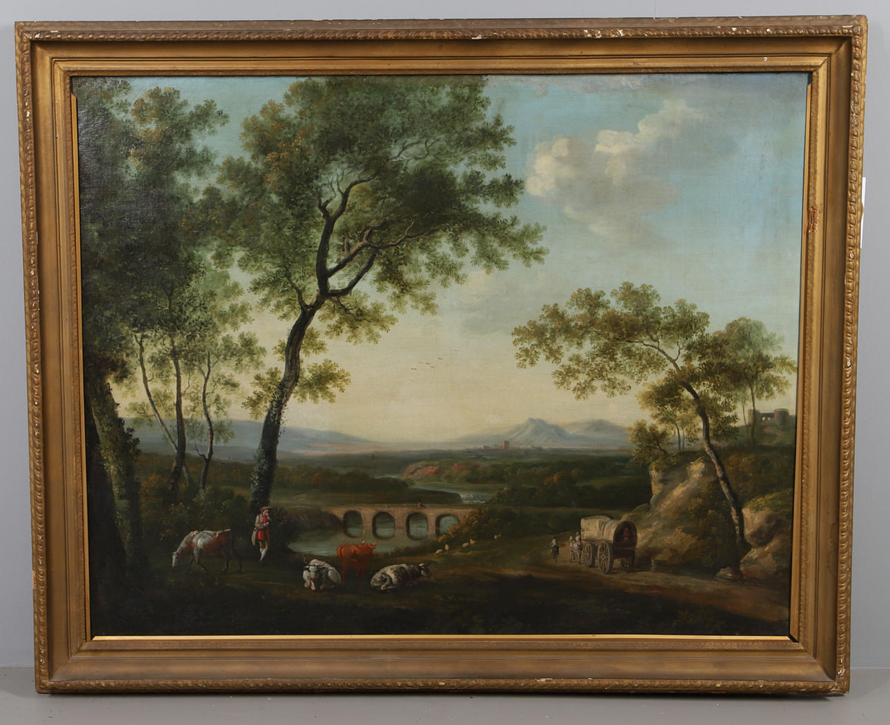 CIRCLE OF GEORGE BARRETT SNR RA ( C. 1730 –1784). EXTENSIVE LANDSCAPE WITH TRAVELLERS ON A COUNTRY LANE.