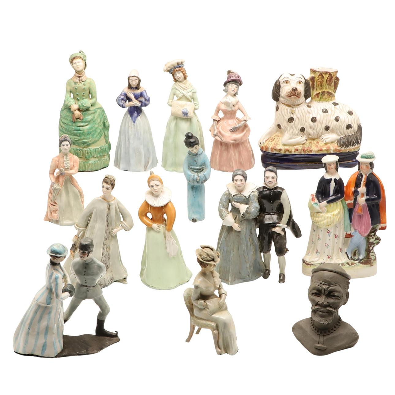 VICTORIAN STYLE POTTERY FIGURES & OTHER ITEMS.
