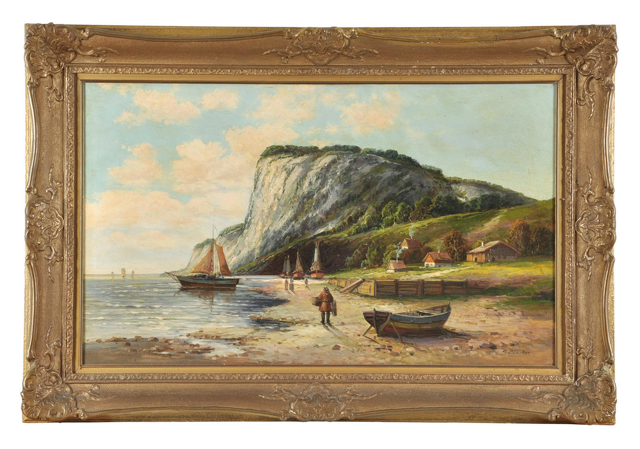 ALBERT BLÄTTER. RÜGEN. Klippor med kritklippor; kompletteras med båtar, hus & människor.