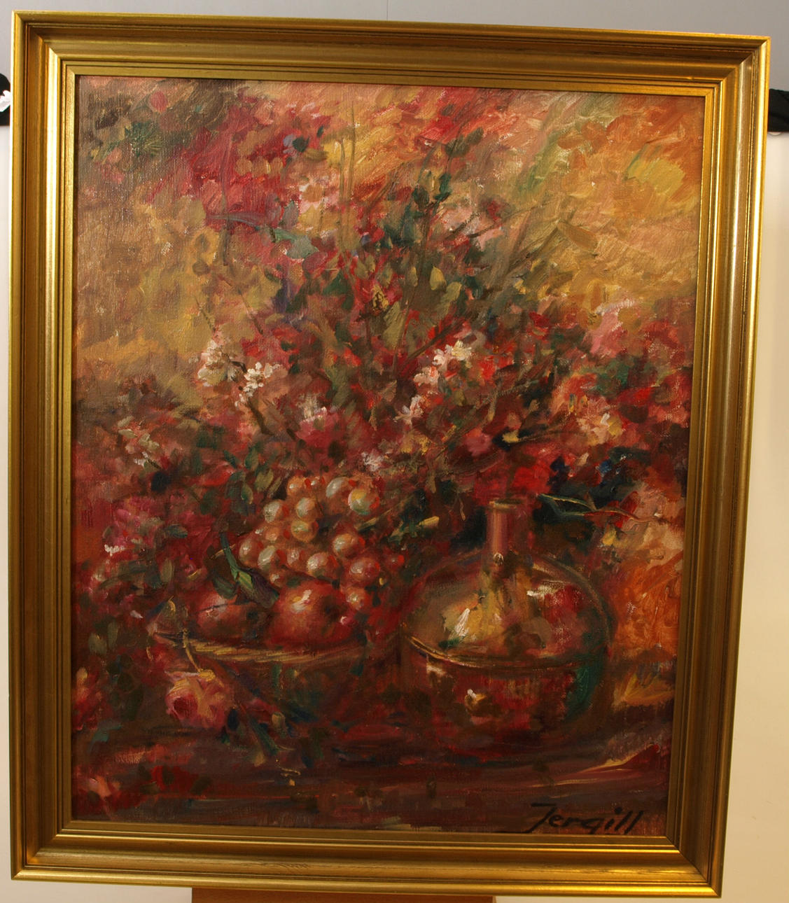 THORLEIF JERGILL. Olja på duk, Stilleben med blommor och frukt, signerad Jergill.