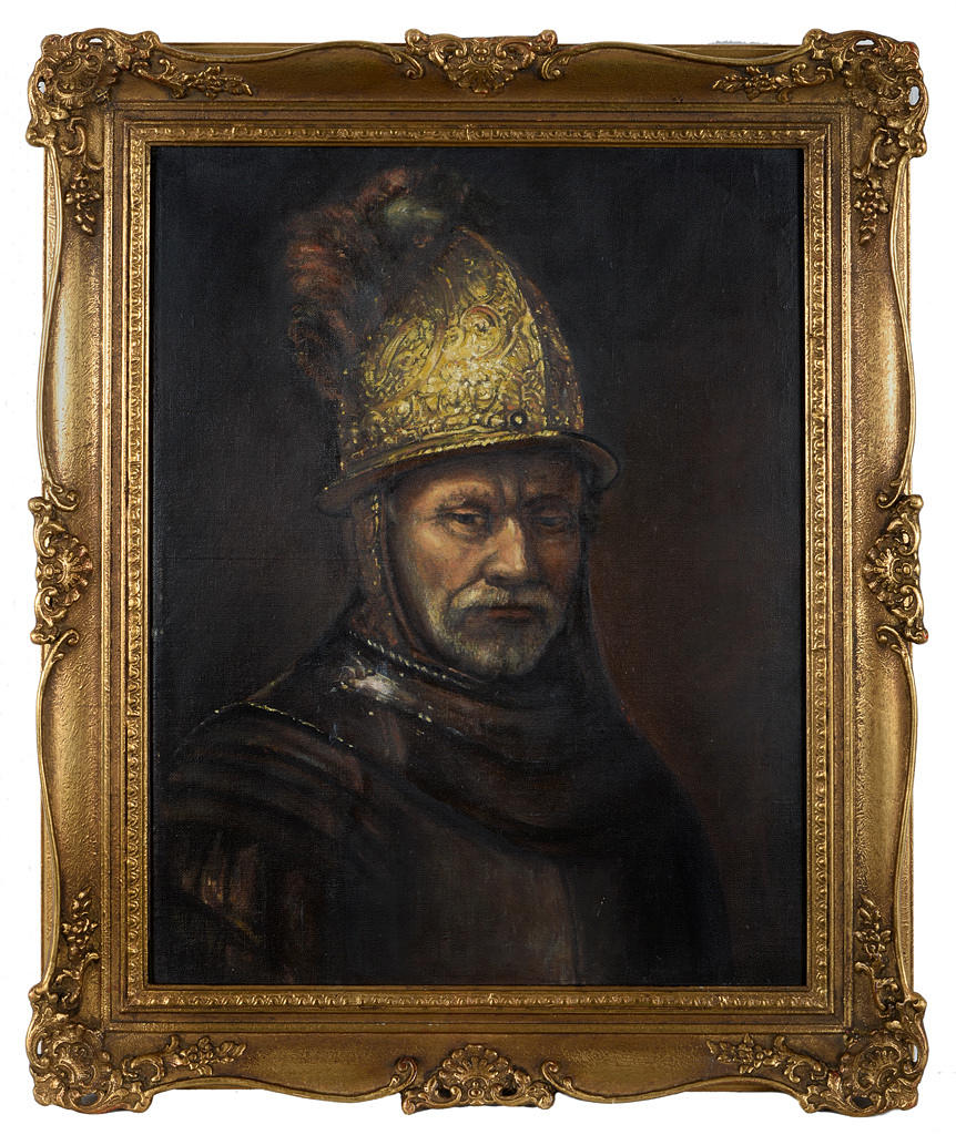 MANNEN MED GULDHJÄLMEN. Målning efter det barocka originalet.