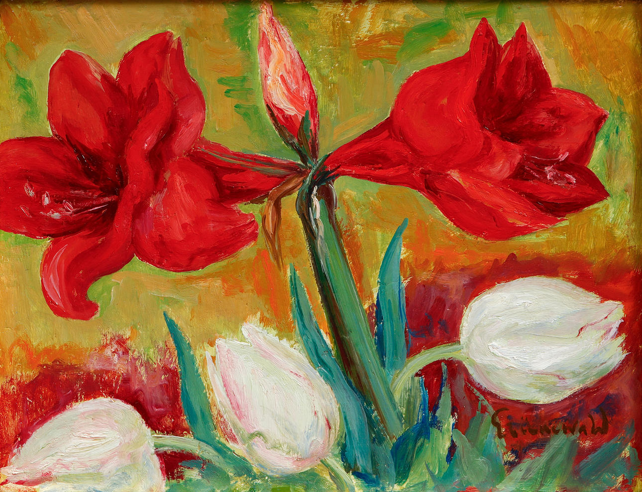 ISAAC GRÜNEWALD. Stilleben med amaryllis och tulpaner. Olja på pannå.