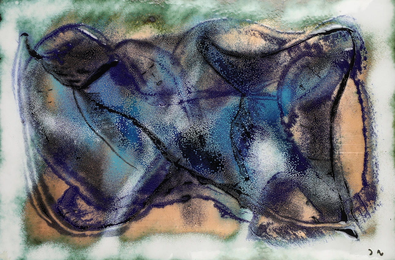JENNET NOORMAGI. Composition, enamel on copper mounted on chipboard, signed, Denmark.