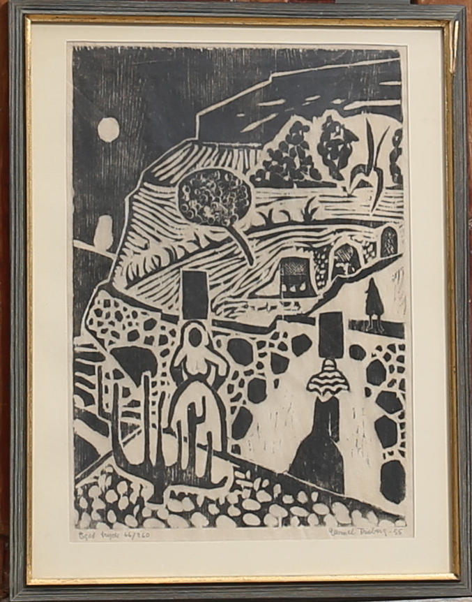 GUNNEL FRIBERG. Träsnitt, Kvinnor som bär, signerad och daterad 1955.