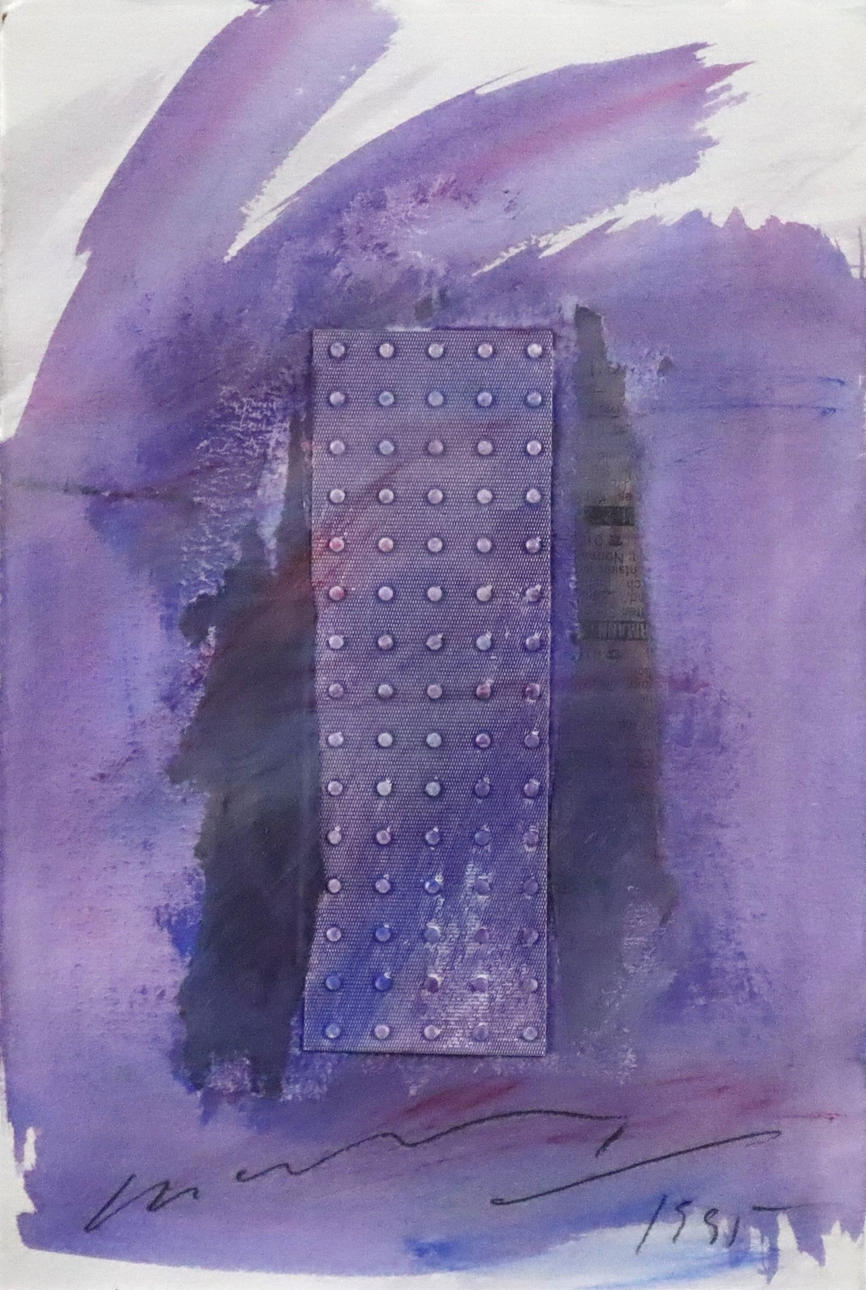 ROY, REINHARD. Collage in purple-violet, gouache on paper / fabric ...