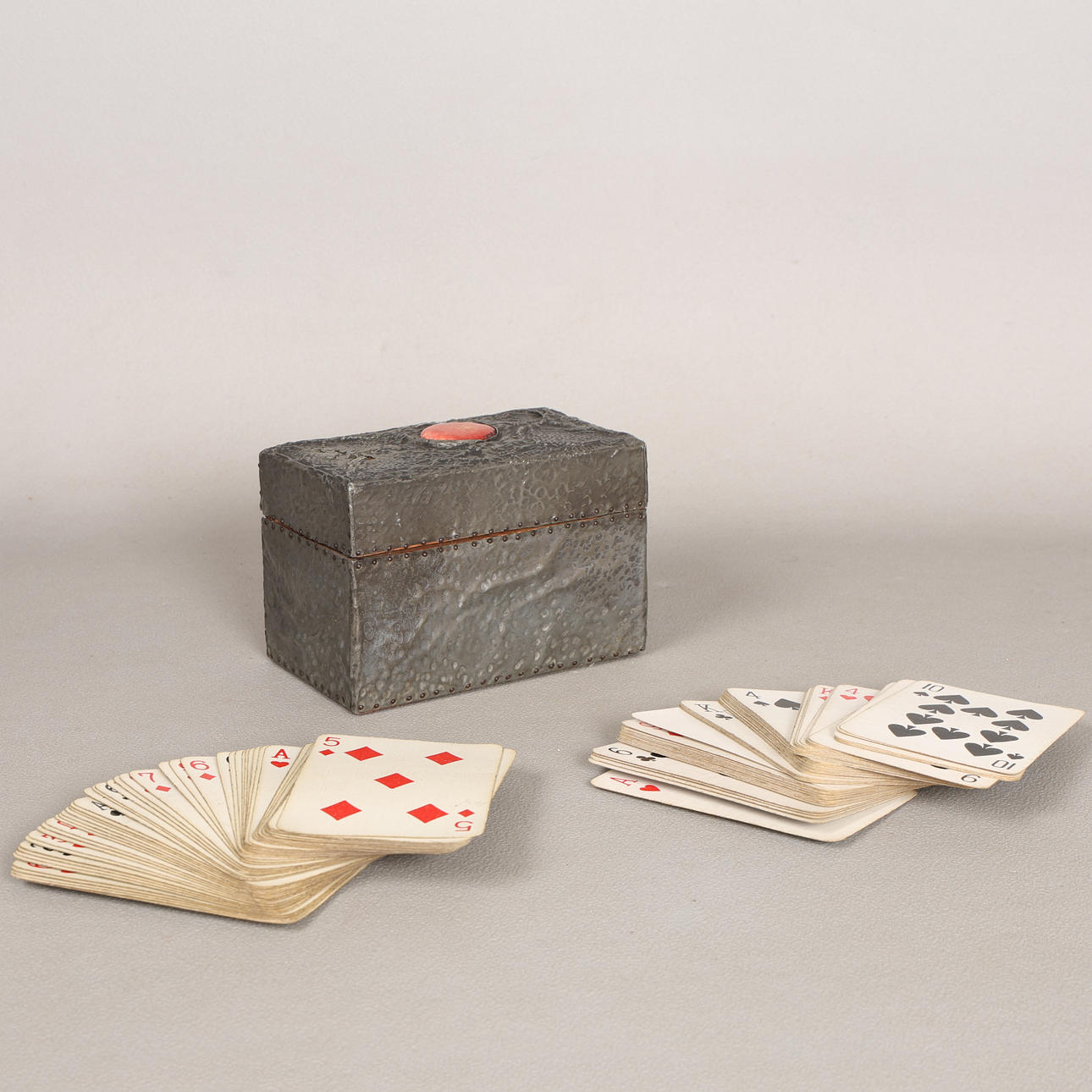 AN ARTS AND CRAFTS STYLE PEWTER AND ENAMEL CARD BOX. Silver & Metals ...