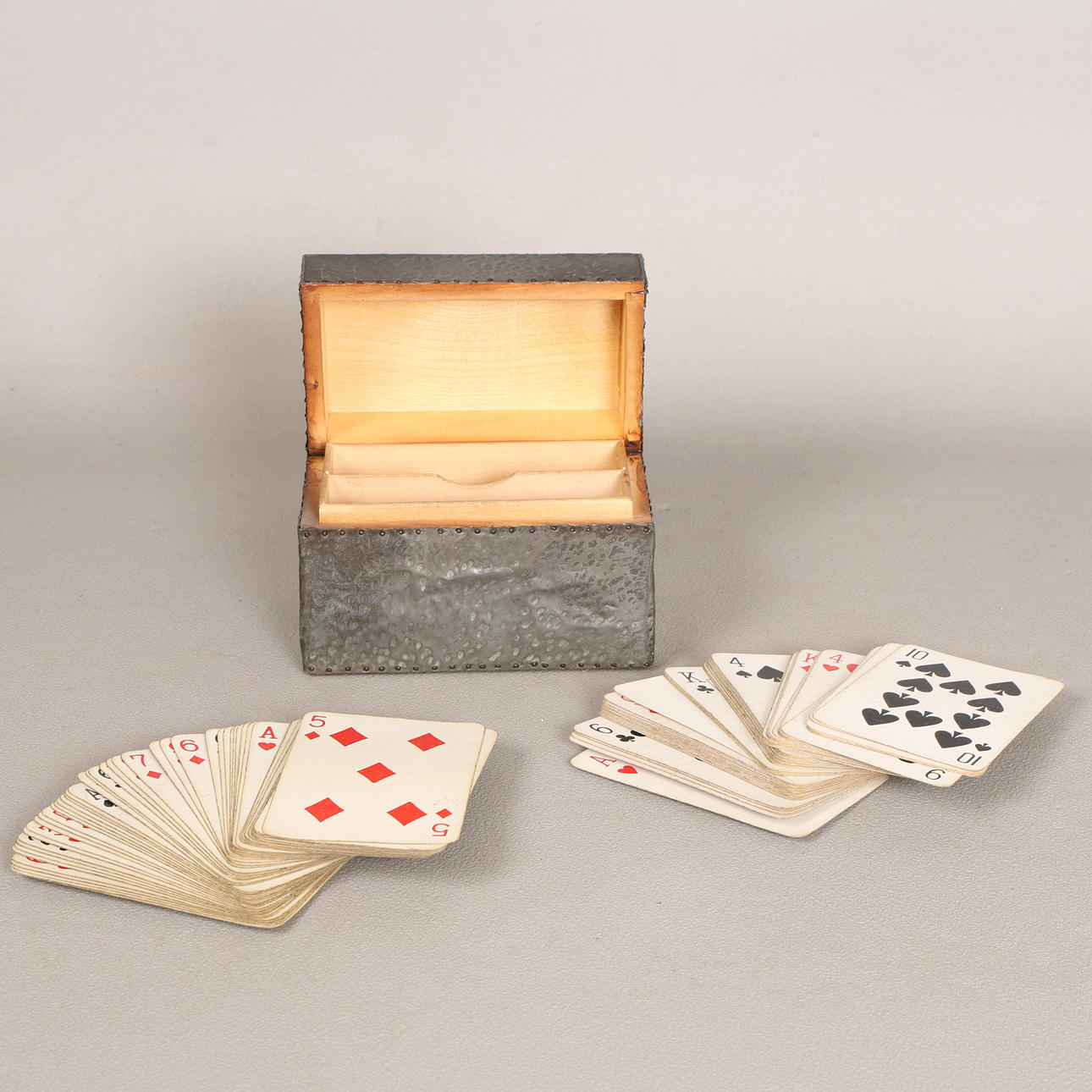 AN ARTS AND CRAFTS STYLE PEWTER AND ENAMEL CARD BOX. Silver & Metals ...