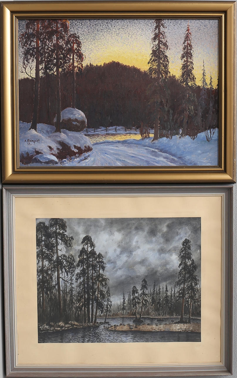 ARVID STRÖMQVIST. Landskap. Olja på pannå samt akvarell, signerade och daterade 32.
