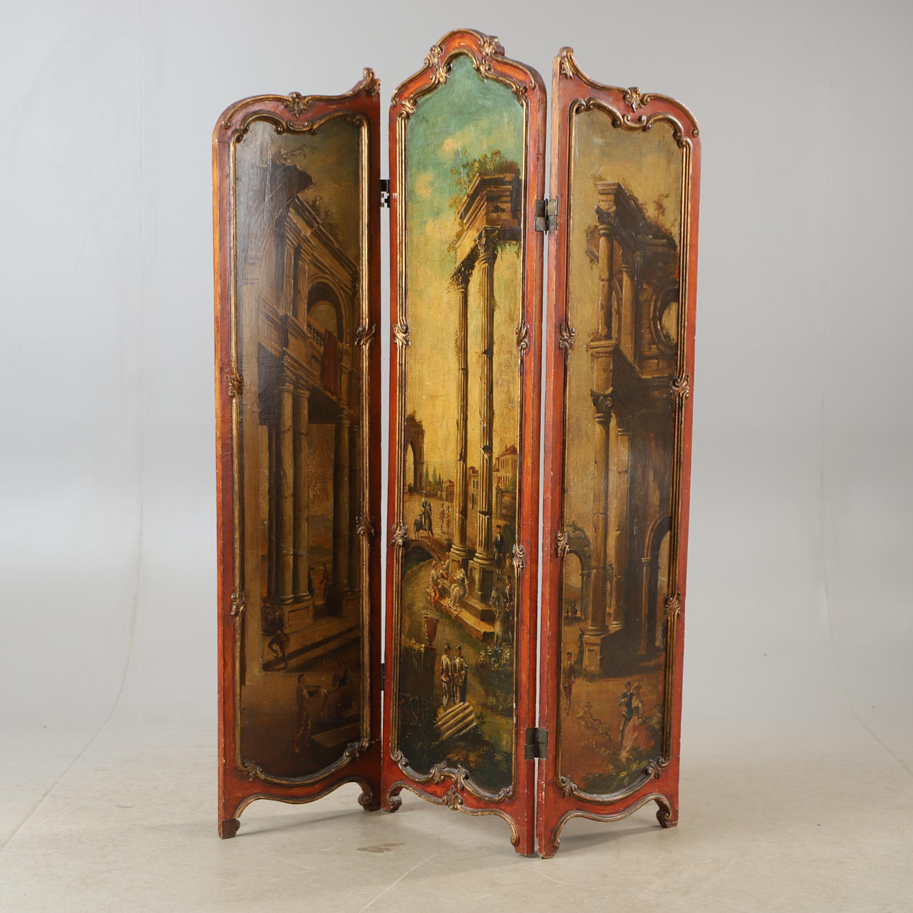 FOLDING SCREEN, 3-piece, motif painted wood, Rococo style, probably ...