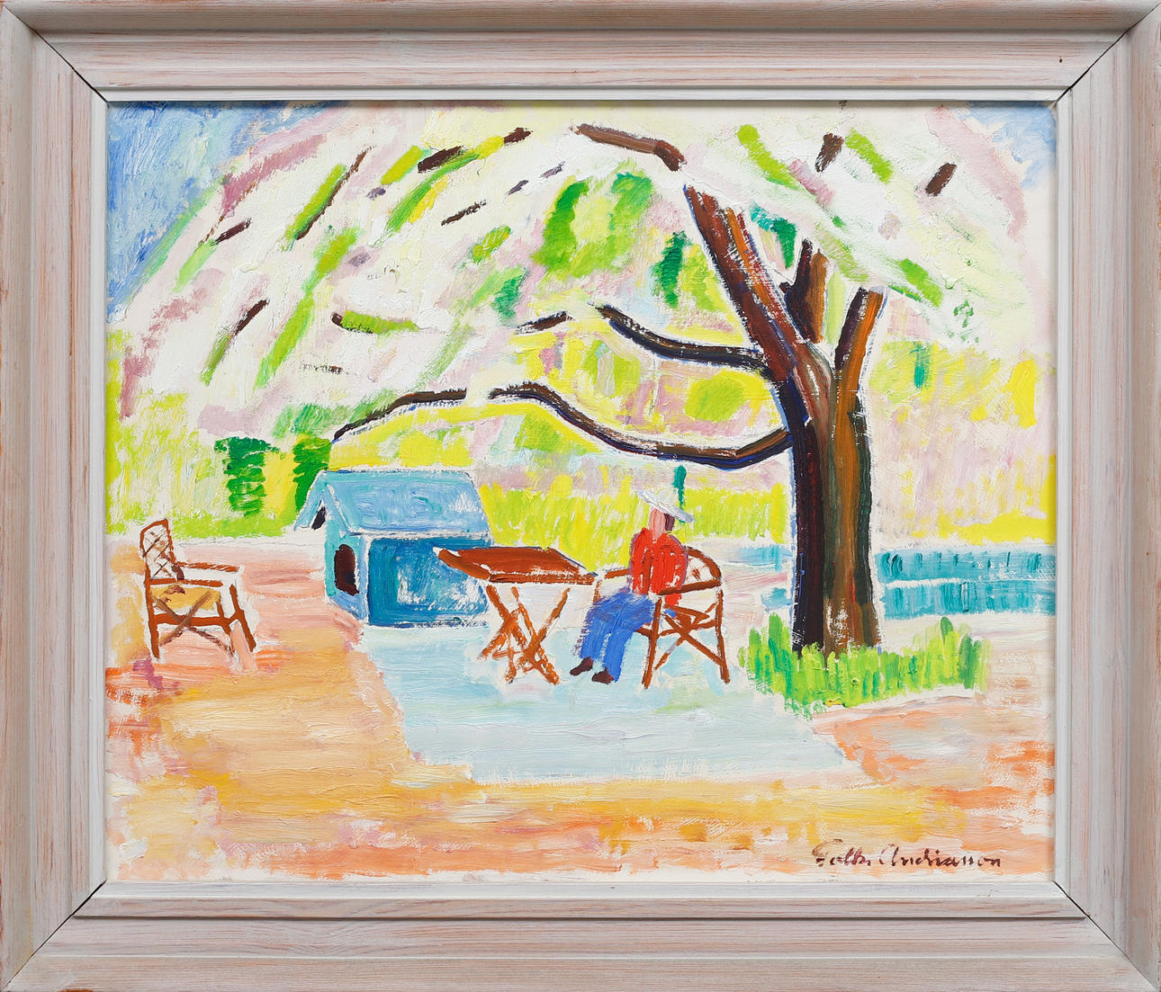 FOLKE ANDRÉASSON. Oil on panel, garden scene, signed.