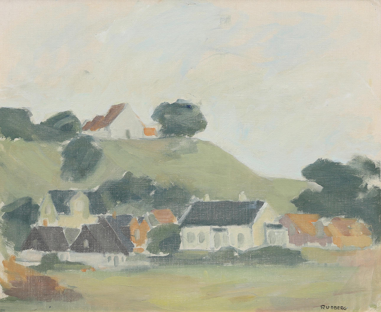 GUSTAV RUDBERG. KYRKBACKEN, HVEN, signerad. Konst - Måleri - Auctionet
