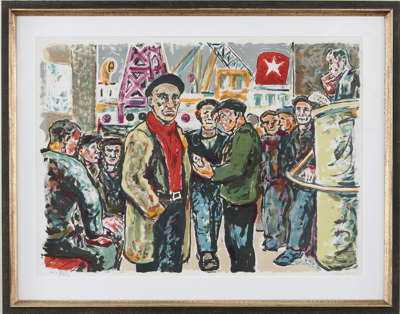 ALBIN AMELIN. Färglitografi, "upprop i hamnen", signerad, H.C.