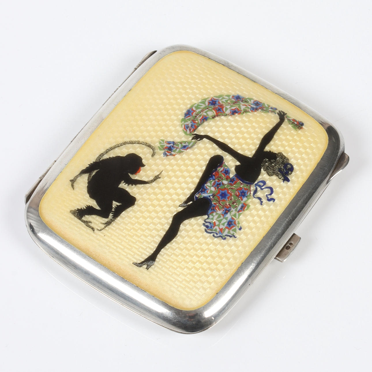 CIGARETTE CASE, 935 silver, enamel with Dancing Woman and Monkey. 20th ...