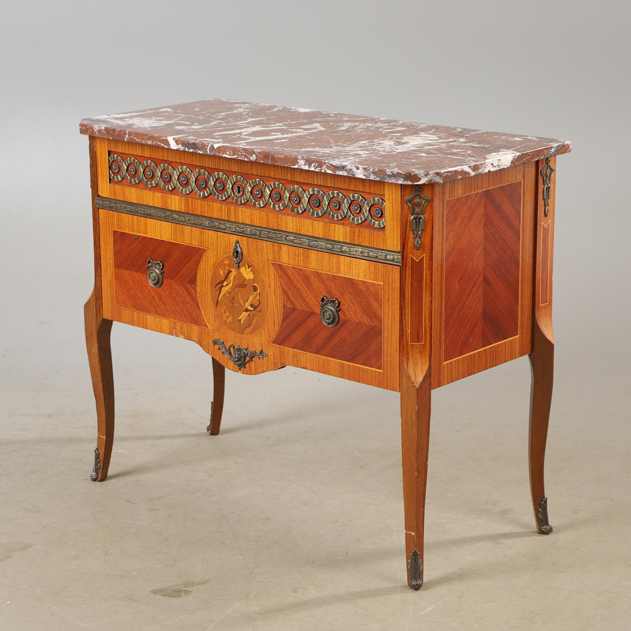 Chest of drawers, 2-door, mahogany, bronzes, intarsia with stone top ...